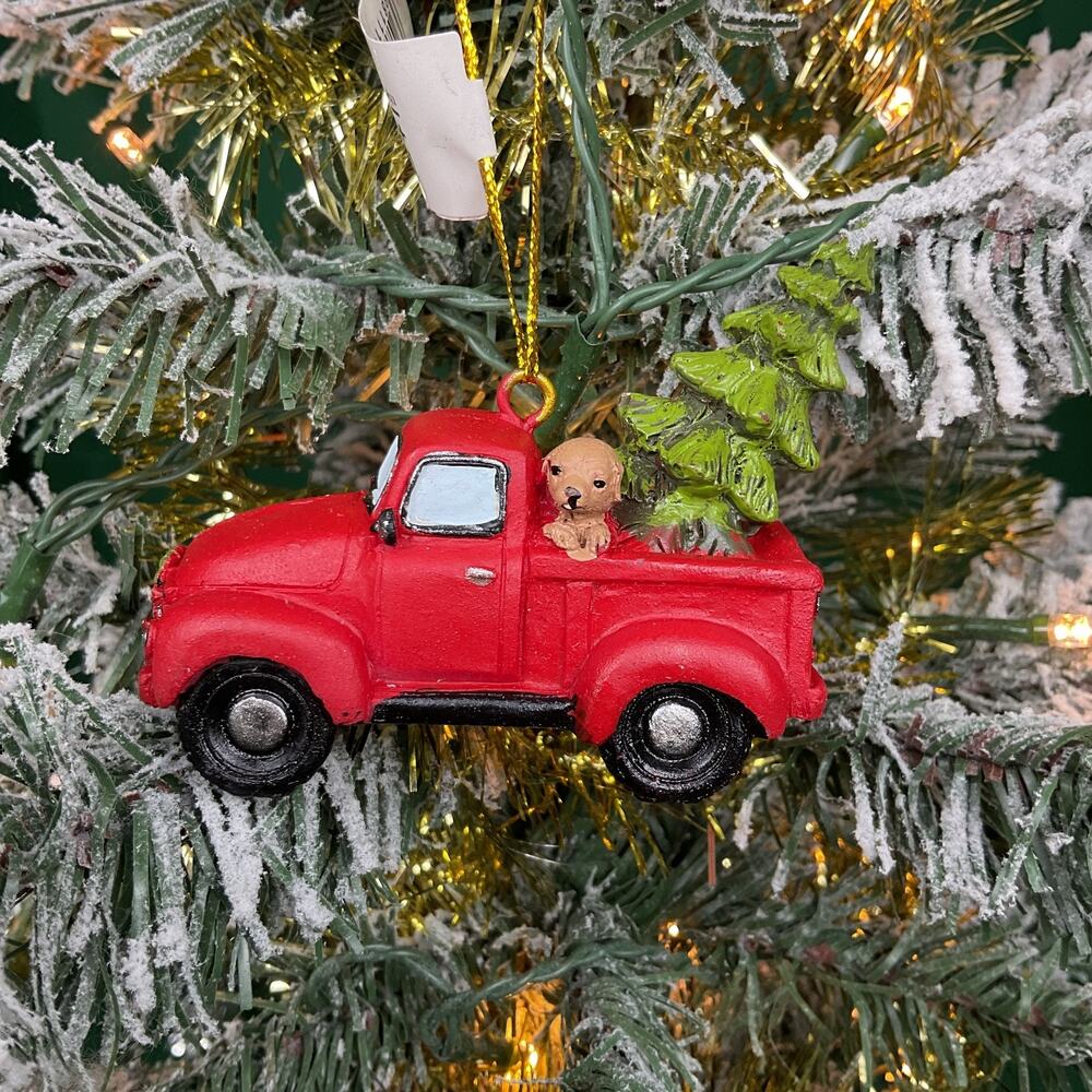 Red Pickup Truck Christmas Ornament Golden Retriever Puppy Tree Resin Farmhouse